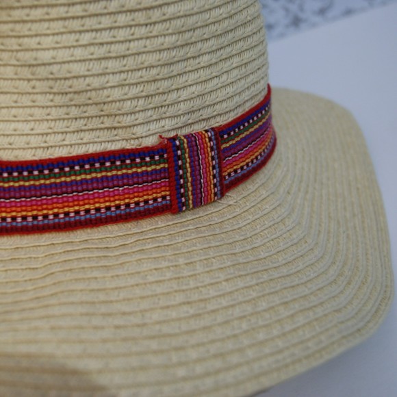 M/L Claire's 100% Paper Straw Hat W/ Red Pink Colorful Band Floppy Sun Hat - Picture 5 of 9